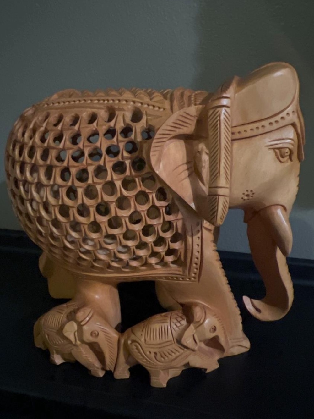 Hand-Carved Wooden Elephant Sculpture in Natural Wood Tone